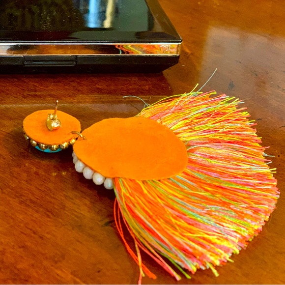 NEIMAN MARCUS Neon Orange & Turquoise Boho Hand Beaded Fringe Statement Earrings - Picture 8 of 15